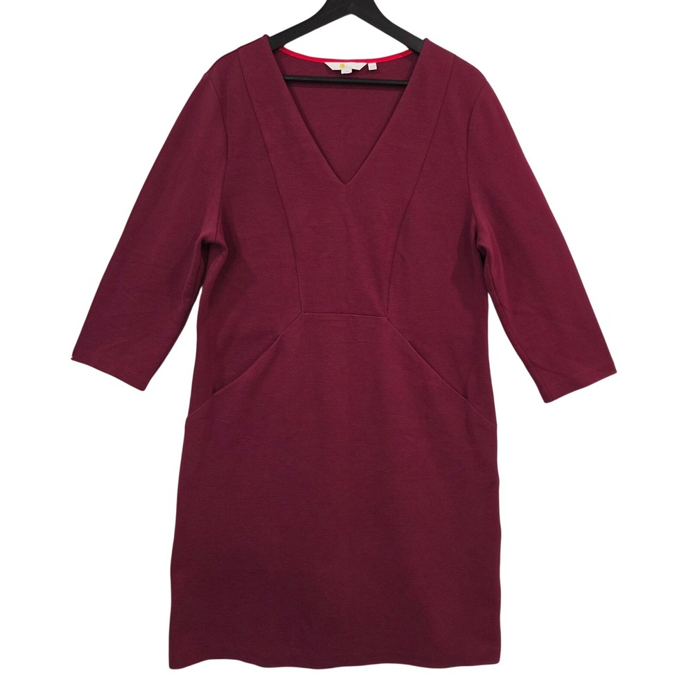 Boden Womens Burgundy Ribbed Shift Dress 14R V Neck Pockets 3/4 Sleeve Work